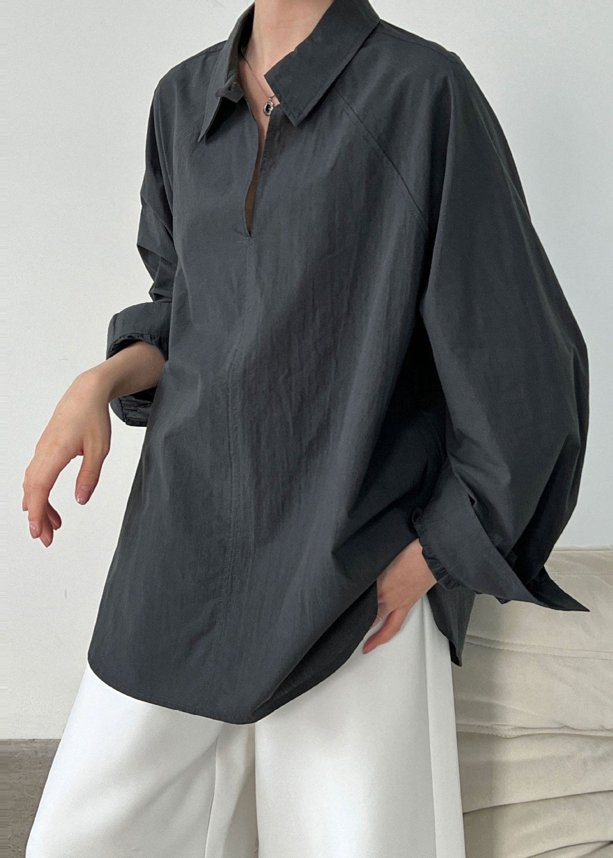 Dull Grey Cotton Loose Shirts Peter Pan Collar
