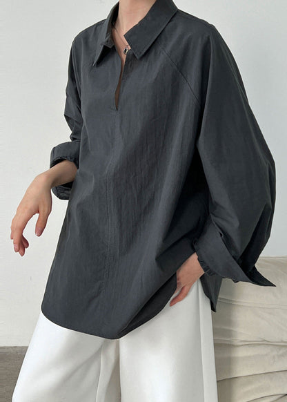 Dull Grey Cotton Loose Shirts Peter Pan Collar