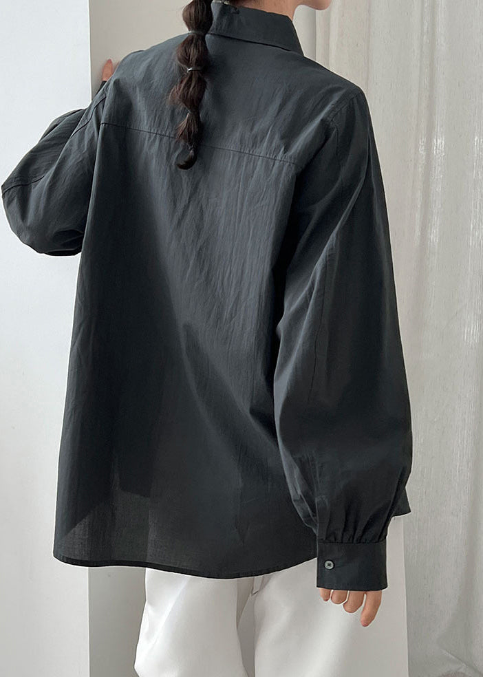 Dull Grey Cotton Loose Shirts Peter Pan Collar