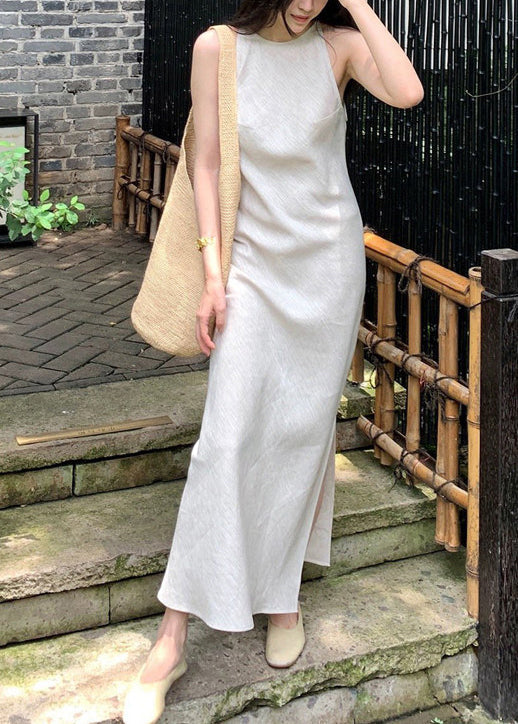Fashion Beige Side Open Linen Ankle Dress