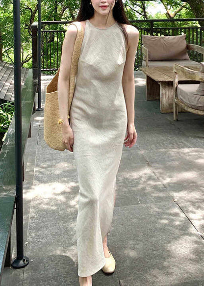 Fashion Beige Side Open Linen Ankle Dress