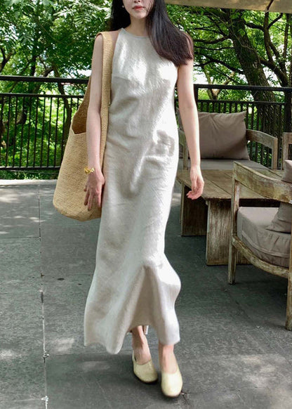 Fashion Beige Side Open Linen Ankle Dress