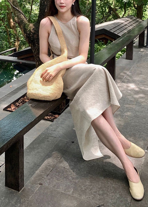 Fashion Beige Side Open Linen Ankle Dress