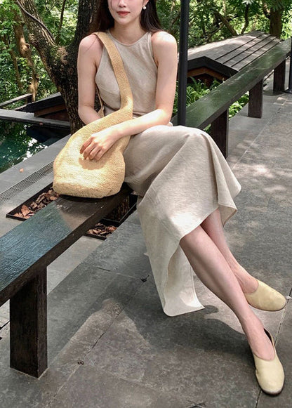 Fashion Beige Side Open Linen Ankle Dress
