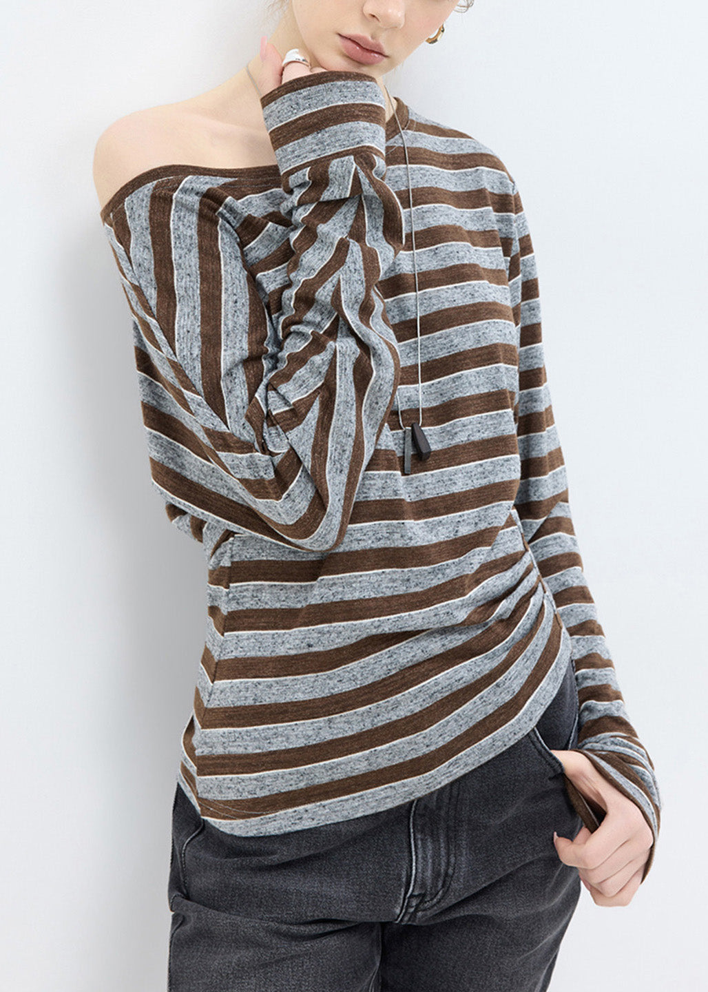 Fashion Brown Striped Slash Neck Cotton T Shirt