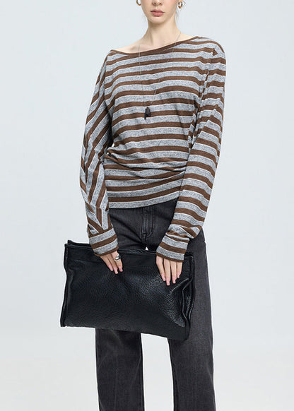 Fashion Brown Striped Slash Neck Cotton T Shirt
