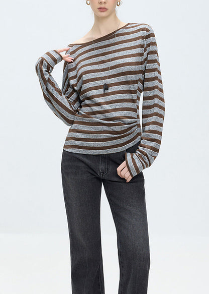 Fashion Brown Striped Slash Neck Cotton T Shirt