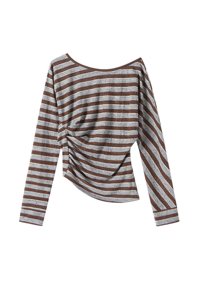 Fashion Brown Striped Slash Neck Cotton T Shirt