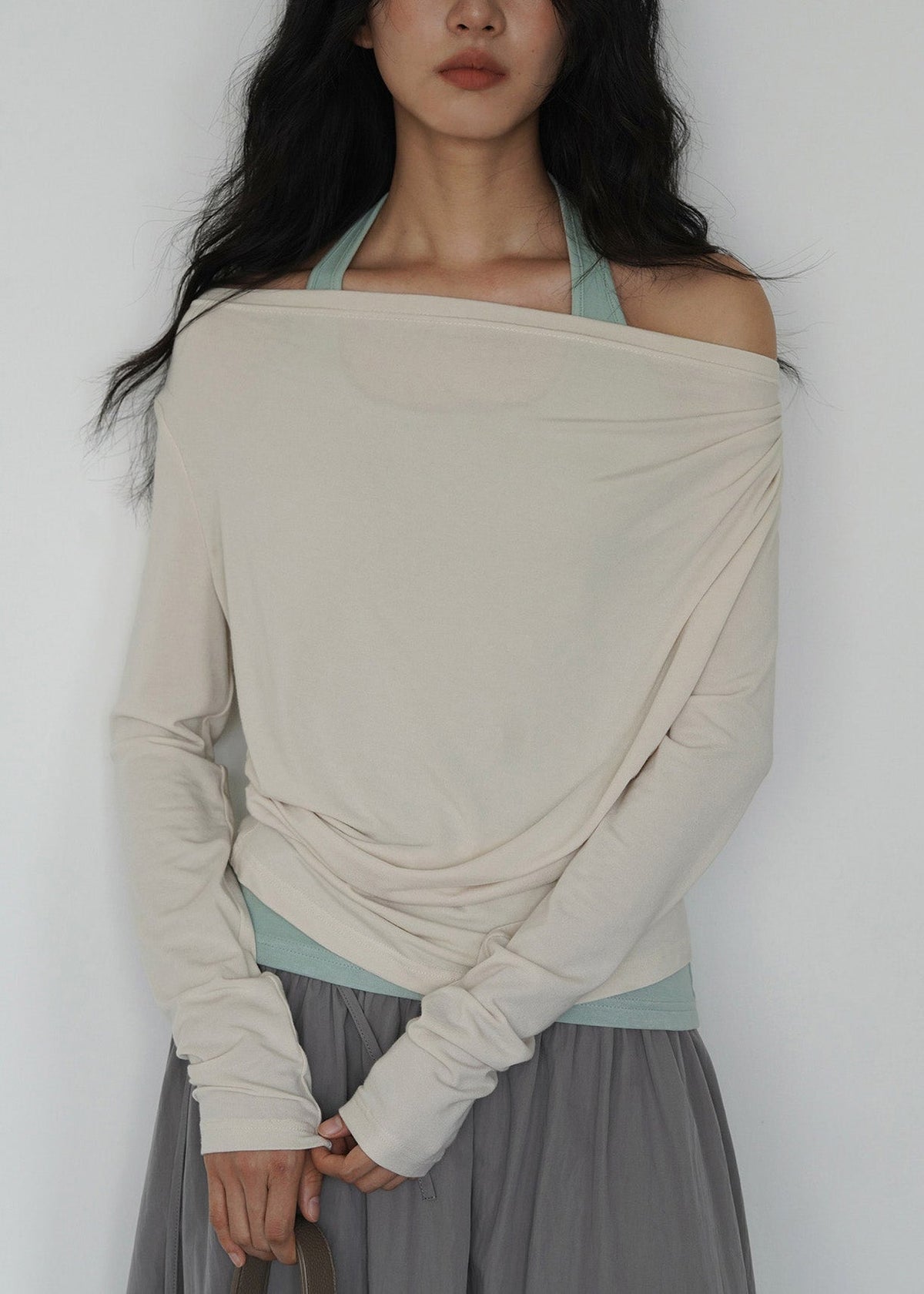 Fashion Dark Gray Off Shoulder Topand Light Green Interior Layered Set