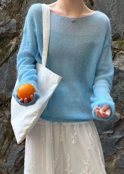 Fitted Blue Slash Neck Knit Pullover