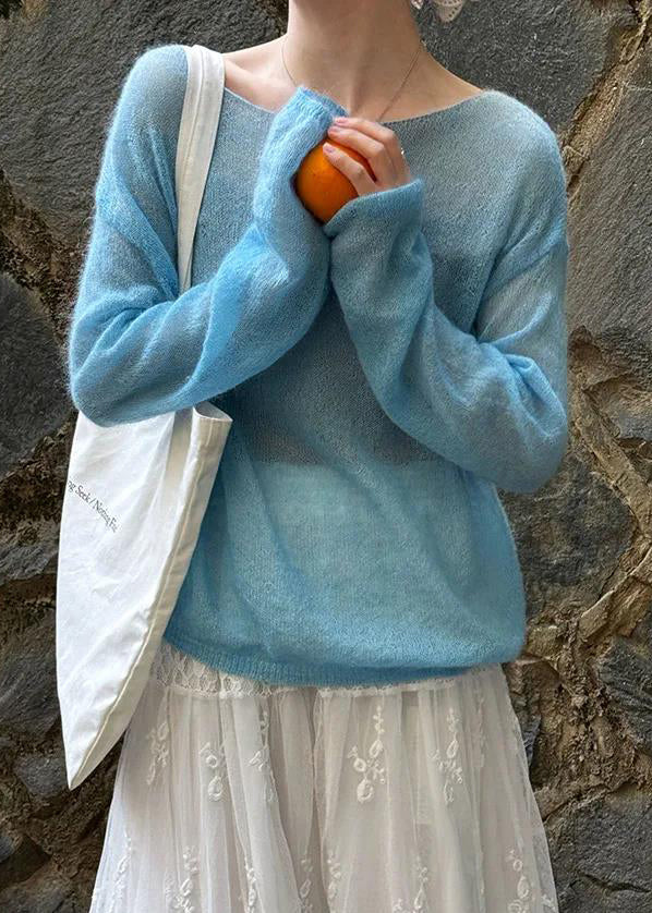 Fitted Blue Slash Neck Knit Pullover