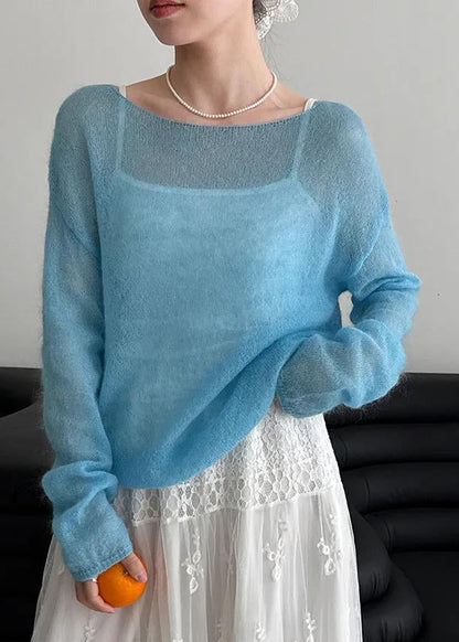 Fitted Blue Slash Neck Knit Pullover