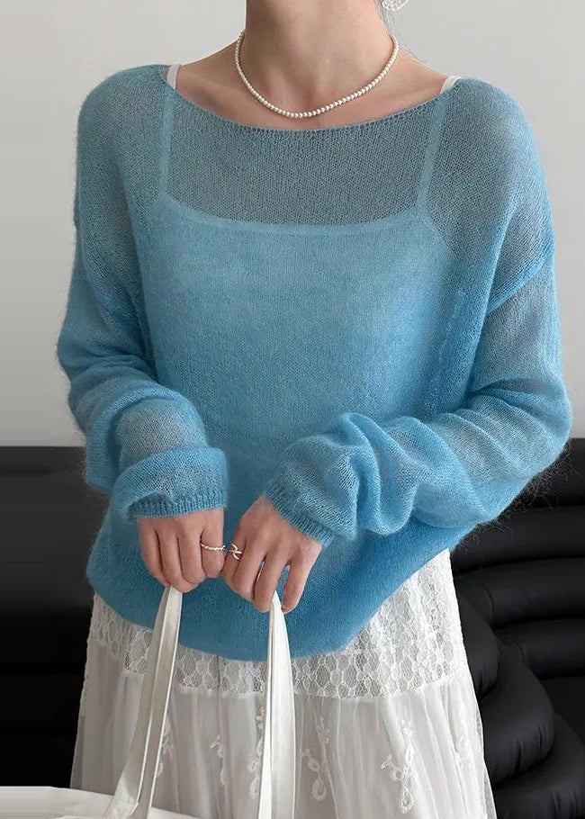 Fitted Blue Slash Neck Knit Pullover