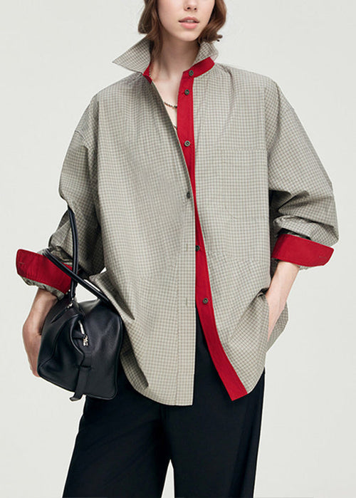 Grey Oversized Plaid Cotton Piece Shirts