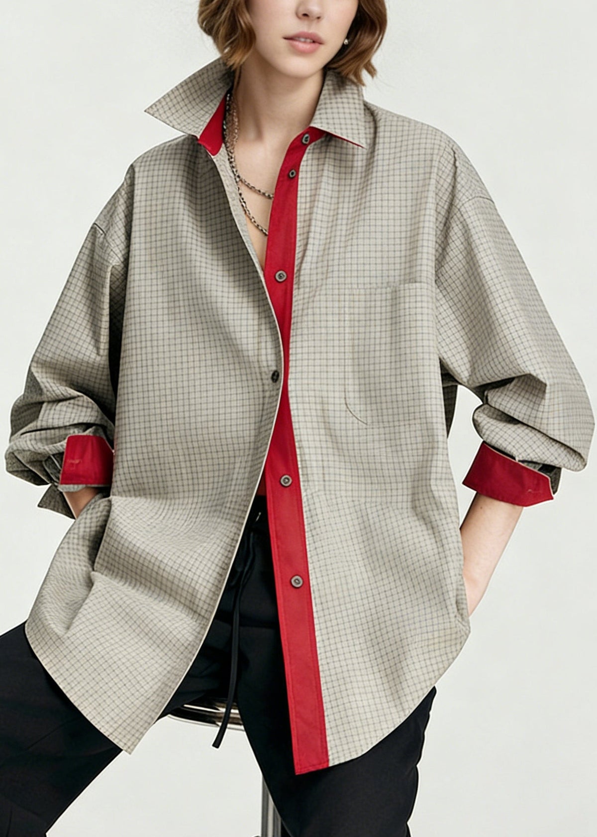 Grey Oversized Plaid Cotton Piece Shirts