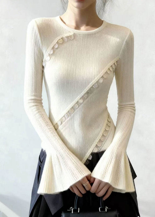 White Patchwork Knit Sweater Flare Sleeve
