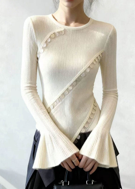White Patchwork Knit Sweater Flare Sleeve
