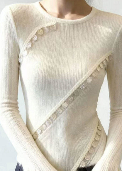 White Patchwork Knit Sweater Flare Sleeve