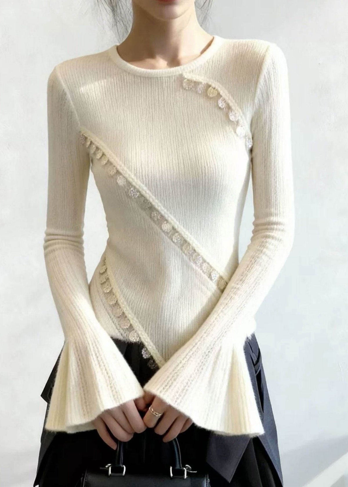 White Patchwork Knit Sweater Flare Sleeve