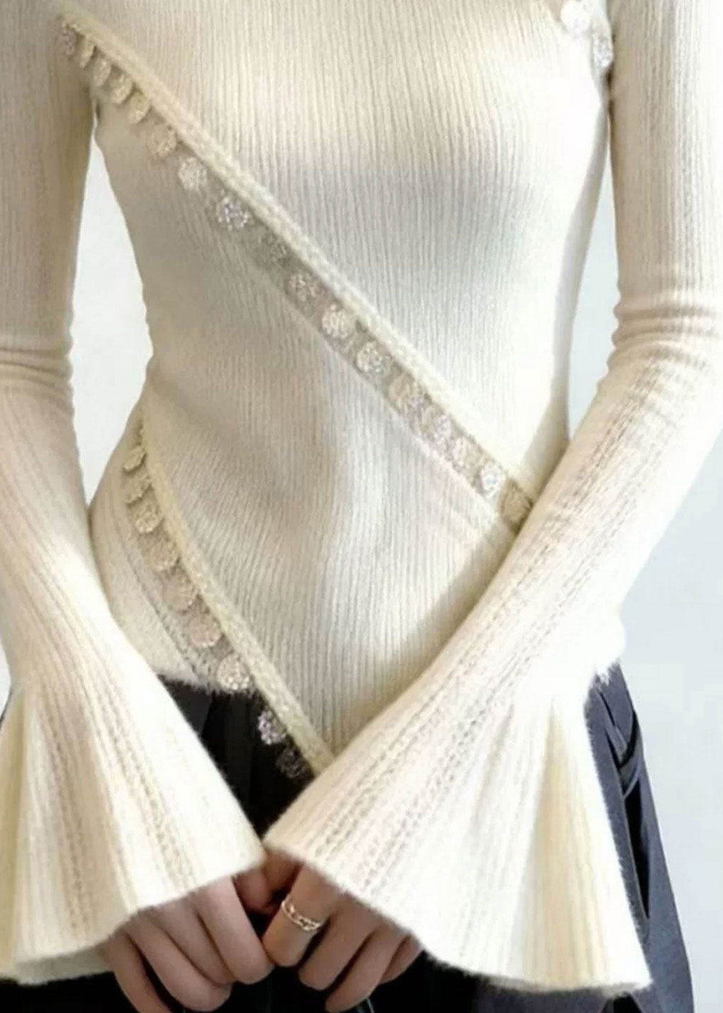 White Patchwork Knit Sweater Flare Sleeve