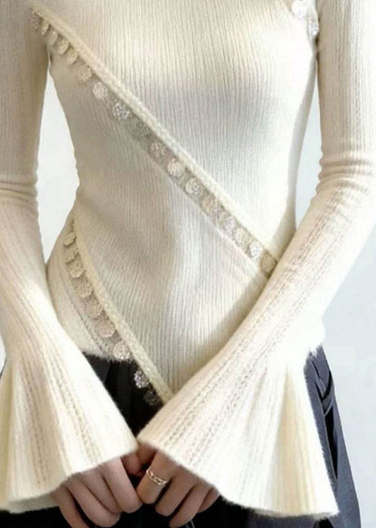 White Patchwork Knit Sweater Flare Sleeve