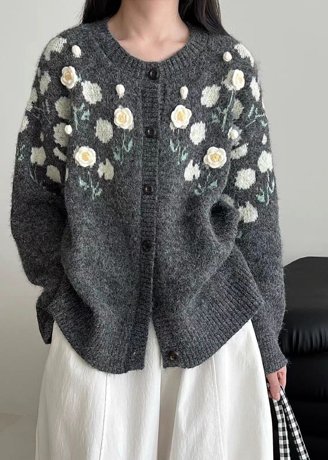 Handmade Grey Oversized Floral Knit Coats