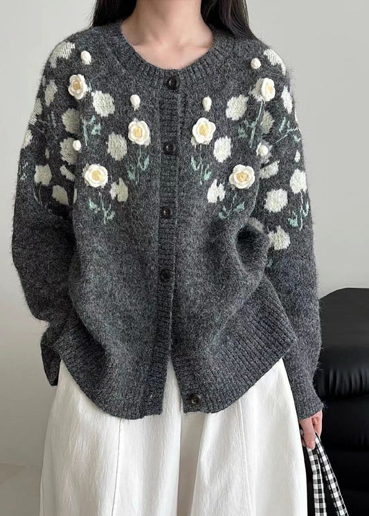 Handmade Grey Oversized Floral Knit Coats