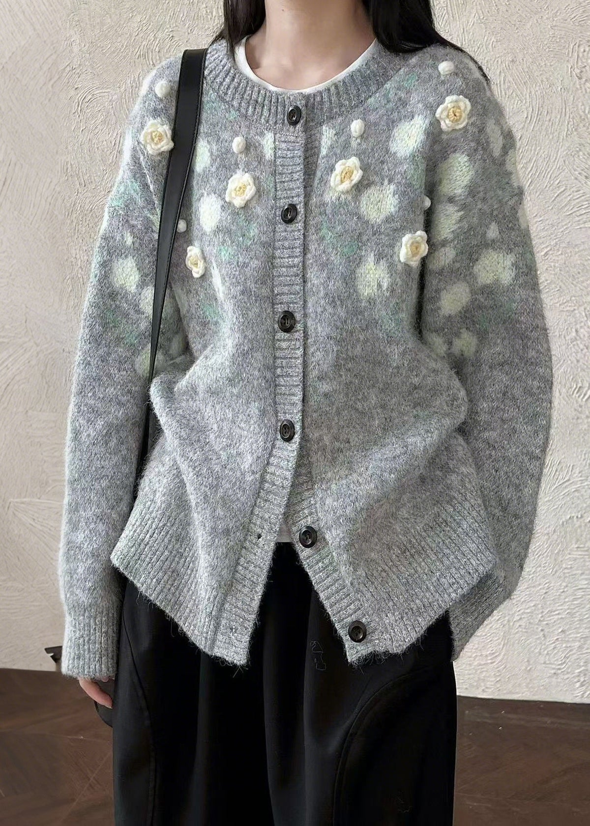 Handmade Grey Oversized Floral Knit Coats