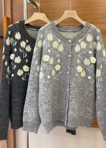 Handmade Grey Oversized Floral Knit Coats