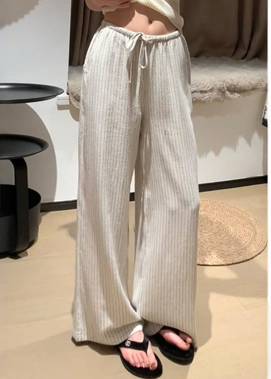 Italian Beige Elastic Waist Striped Linen Straight Pants