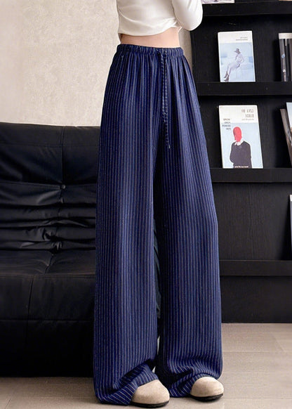 Italian Beige Elastic Waist Striped Linen Straight Pants