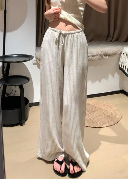 Italian Beige Elastic Waist Striped Linen Straight Pants