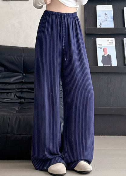 Italian Beige Elastic Waist Striped Linen Straight Pants