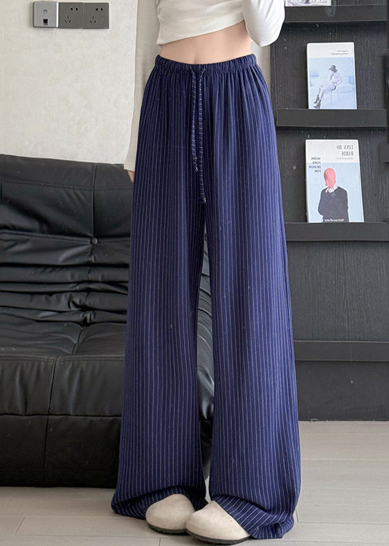 Italian Beige Elastic Waist Striped Linen Straight Pants