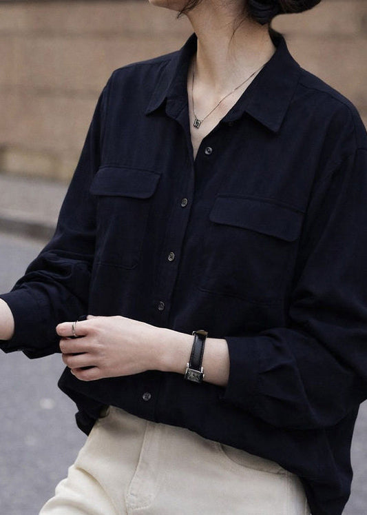 Black Oversized Pockets Cotton Shirt