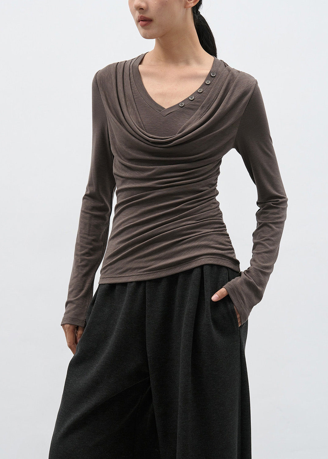 Brown Wrinkled Patchwork Cotton T Shirts