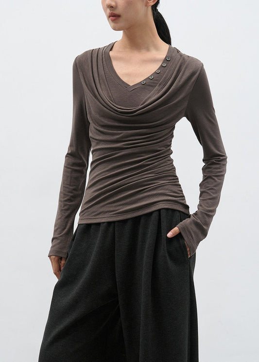 Brown Wrinkled Patchwork Cotton T Shirts
