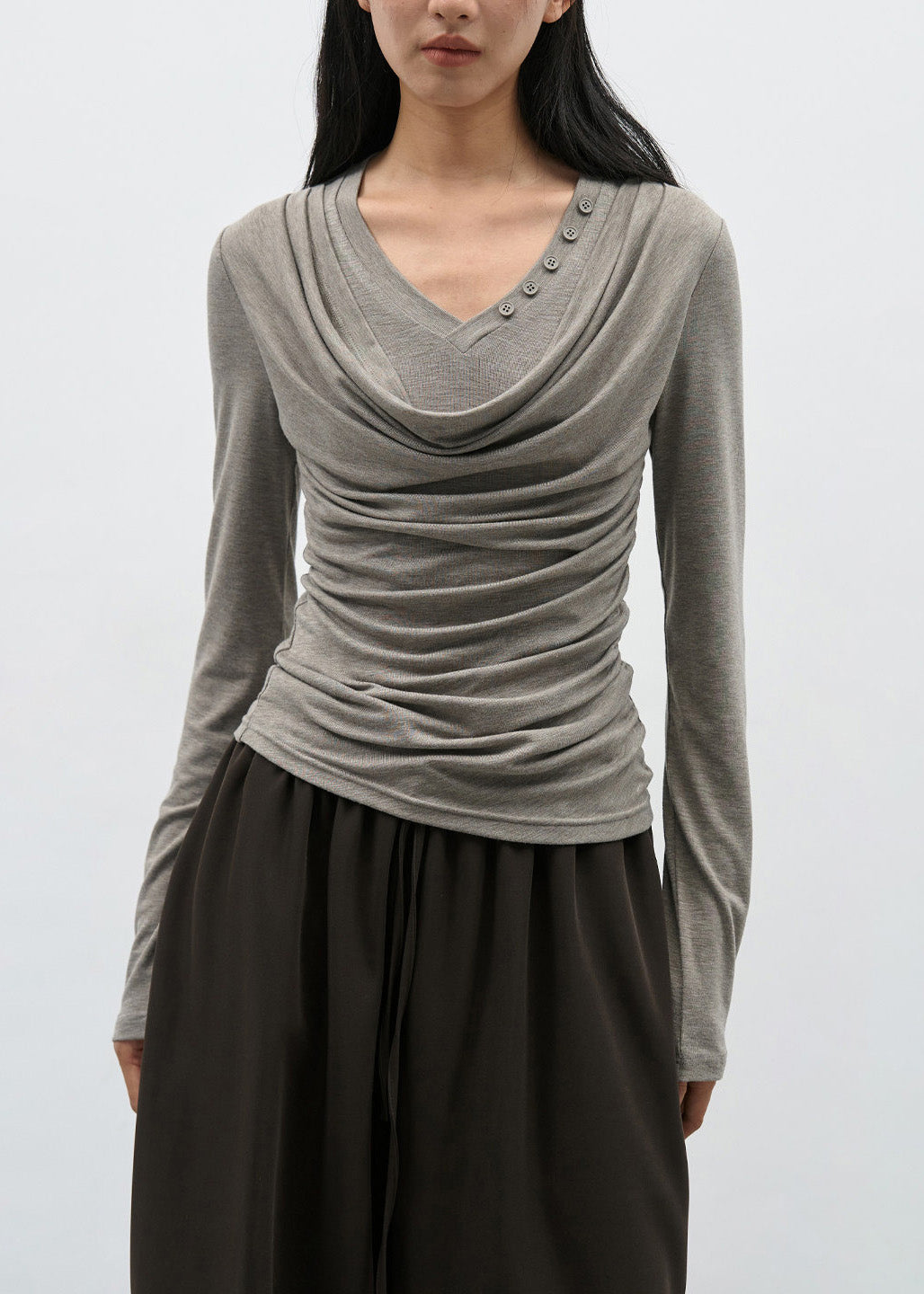 Brown Wrinkled Patchwork Cotton T Shirts