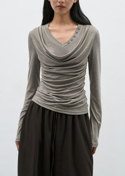 Brown Wrinkled Patchwork Cotton T Shirts