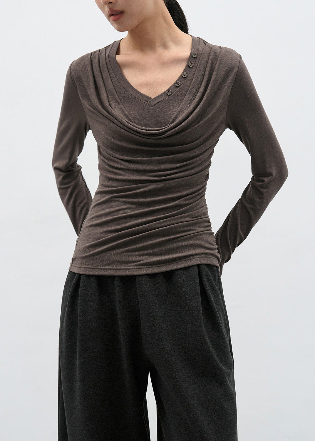 Brown Wrinkled Patchwork Cotton T Shirts