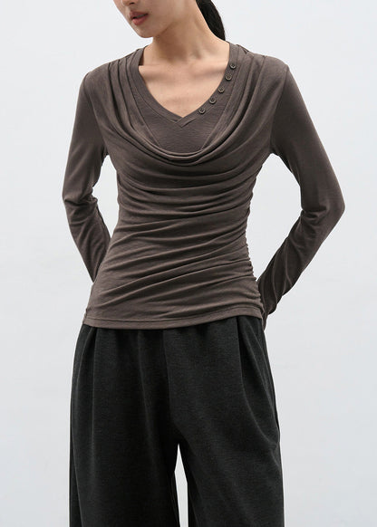 Brown Wrinkled Patchwork Cotton T Shirts