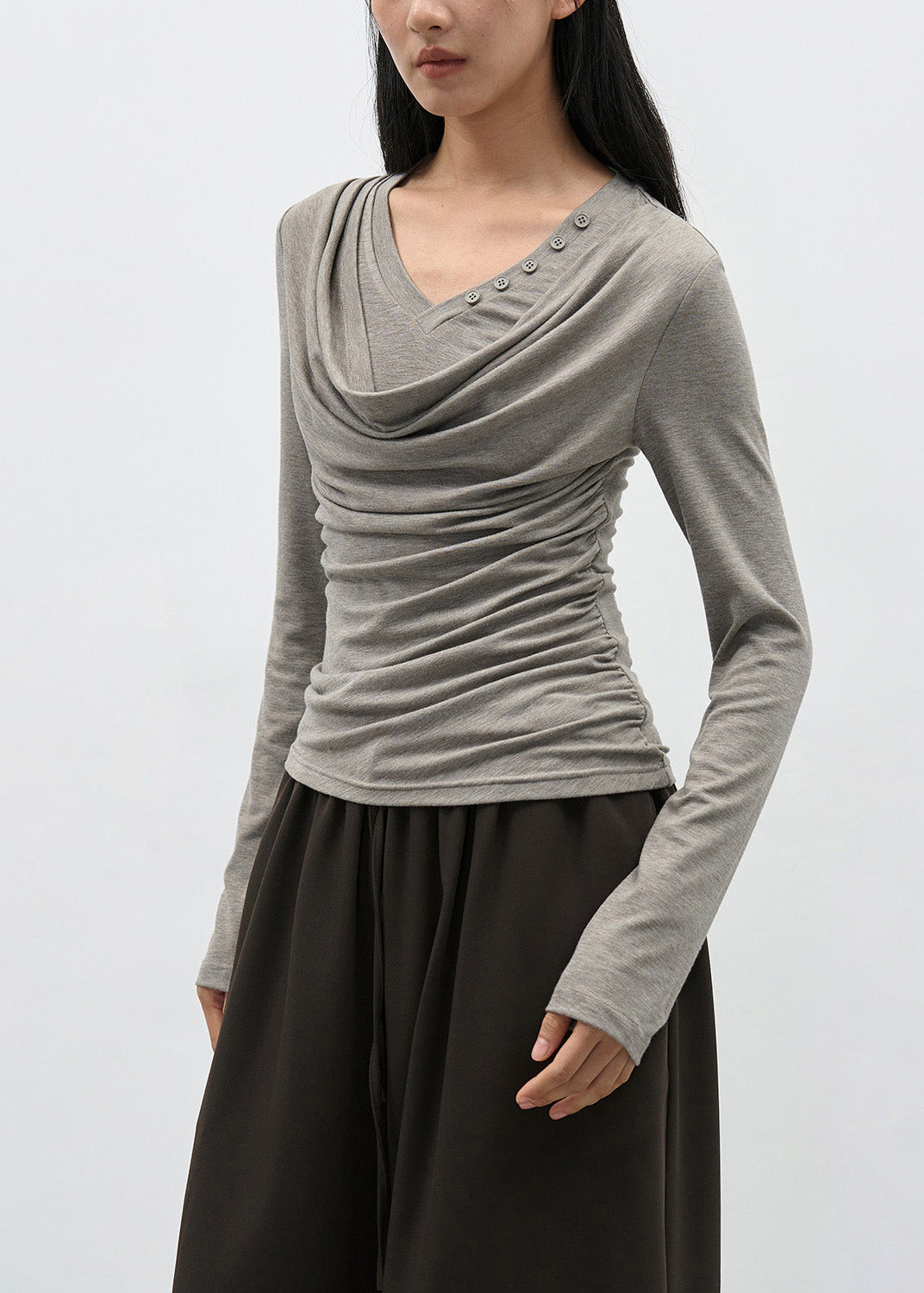 Brown Wrinkled Patchwork Cotton T Shirts
