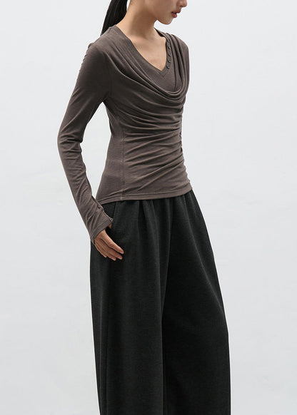 Brown Wrinkled Patchwork Cotton T Shirts