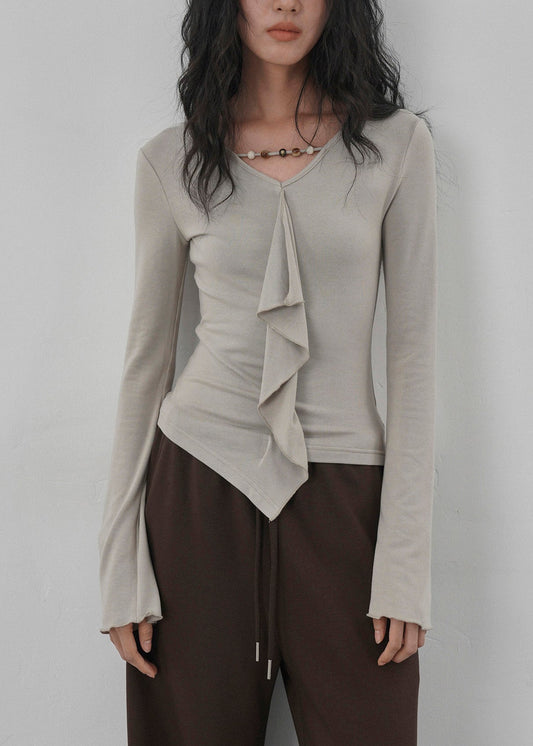 Apricot Ruffled Asymmetrical Design Cotton T Shirts