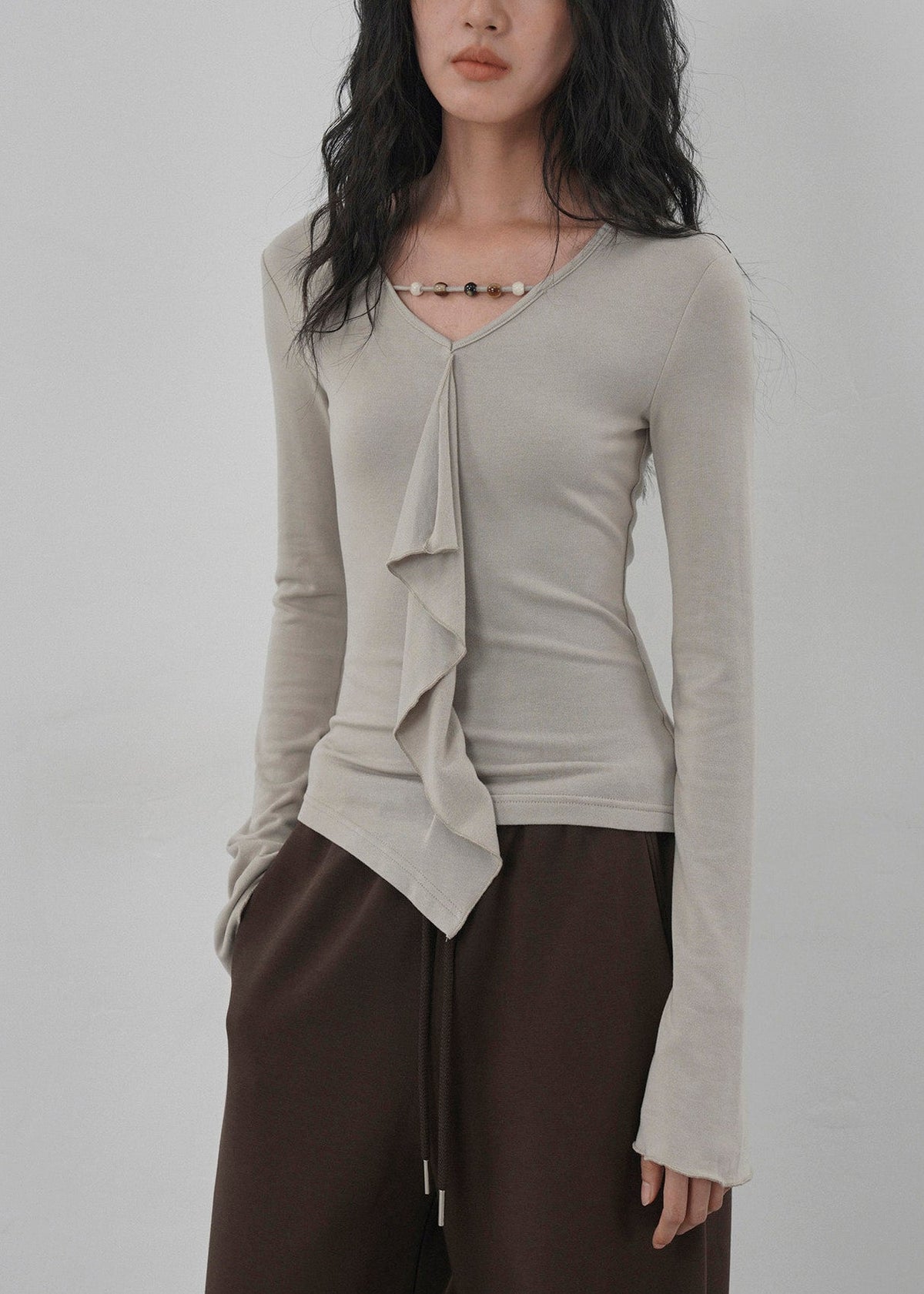 Apricot Ruffled Asymmetrical Design Cotton T Shirts