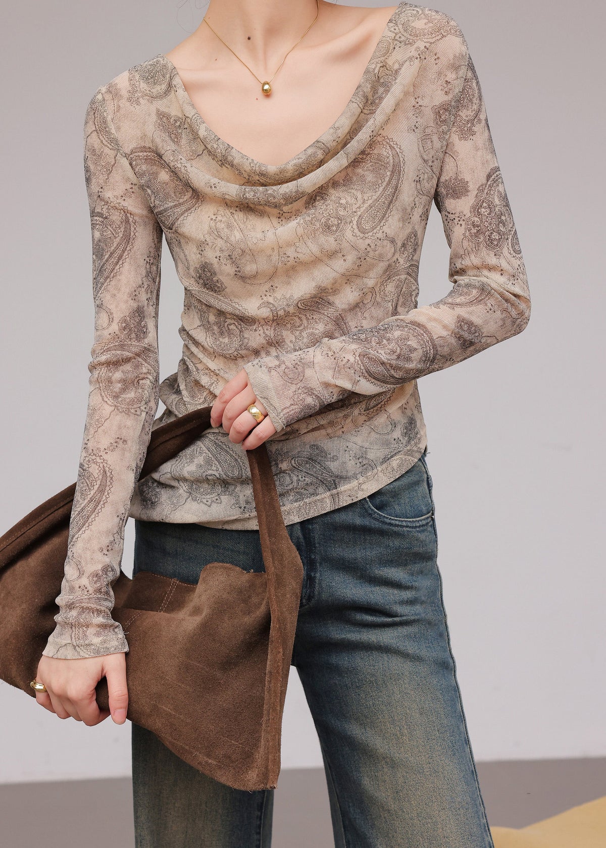 Light Coffee Printed Irregular T-Shirt With Long Sleeves