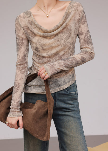 Light Coffee Printed Irregular T-Shirt With Long Sleeves