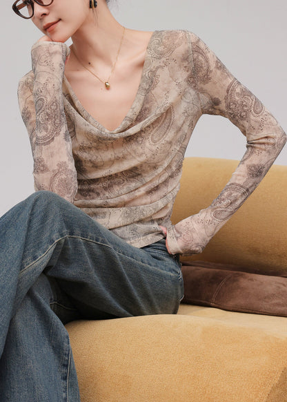 Light Coffee Printed Irregular T-Shirt With Long Sleeves