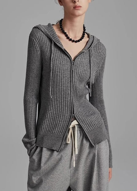 Organic Grey Hooded Zippered Knit Cardigans