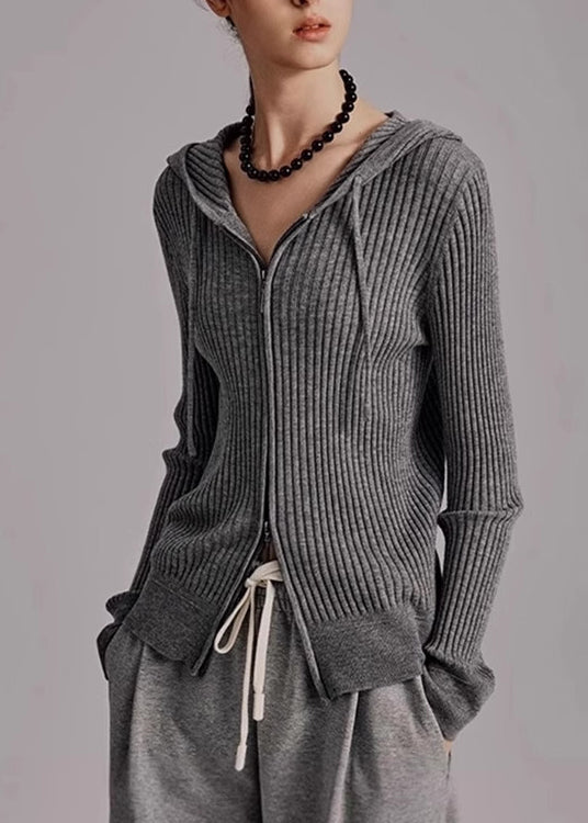 Organic Grey Hooded Zippered Knit Cardigans